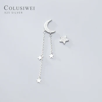 

COLUSIWEI Genuine 925 Sterling Silver Shining CZ Moon and Star Drop Earrings for Women Asymmetry Dangle Earrings Jewelry Gift