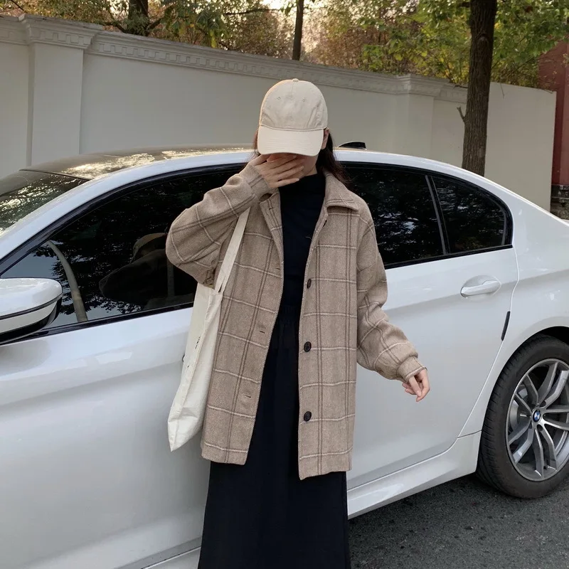Factory Price Autumn And Winter New Style Korean-style BF Style Loose Retro Plaid Woolen Coat Student Woolen Overcoat