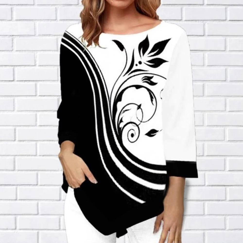 

2020 Spring Autumn Printing O-neck Shirts Women Casual Hem Irregularity Tee Femme TShirt Fashion Loose Patchwork Top Mujer