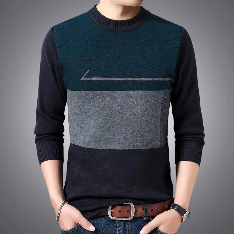 Повседневный толстый теплый зимний полосатый вязаный свитер, Мужская одежда, трикотажное платье, пуловер, вязаные мужские свитера, мужская мода 02125 - Цвет: Синий