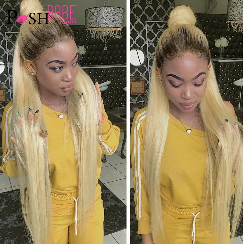Ombre 1B 613 Straight Lace Front Wig Human Hair Glueless Indian Remy Blonde Color Pre Plucked with Baby Hair Wig for Black Women