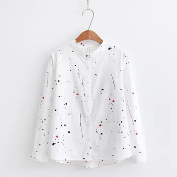 

Young Women Shirt Long-sleeved Cotton White Solid Color Printing Stand-up Collar Shirt Spring Autumn Female Student