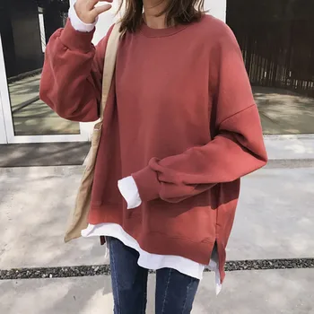 

Women Long Sleeve Solid Color Sweatshirt O-Neck Loose Sweatshirt Ladies Casual Fake 2PCS Stitching Round Collar Pullover Tops