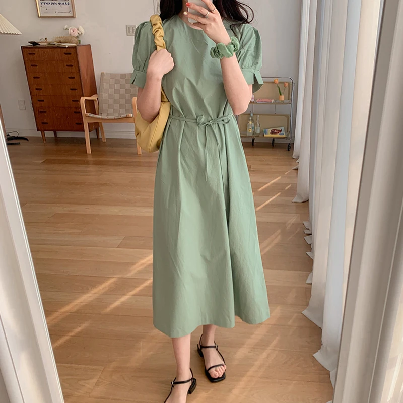 Женское Хлопковое платье с коротким рукавом зеленое винтажное длинное поясом