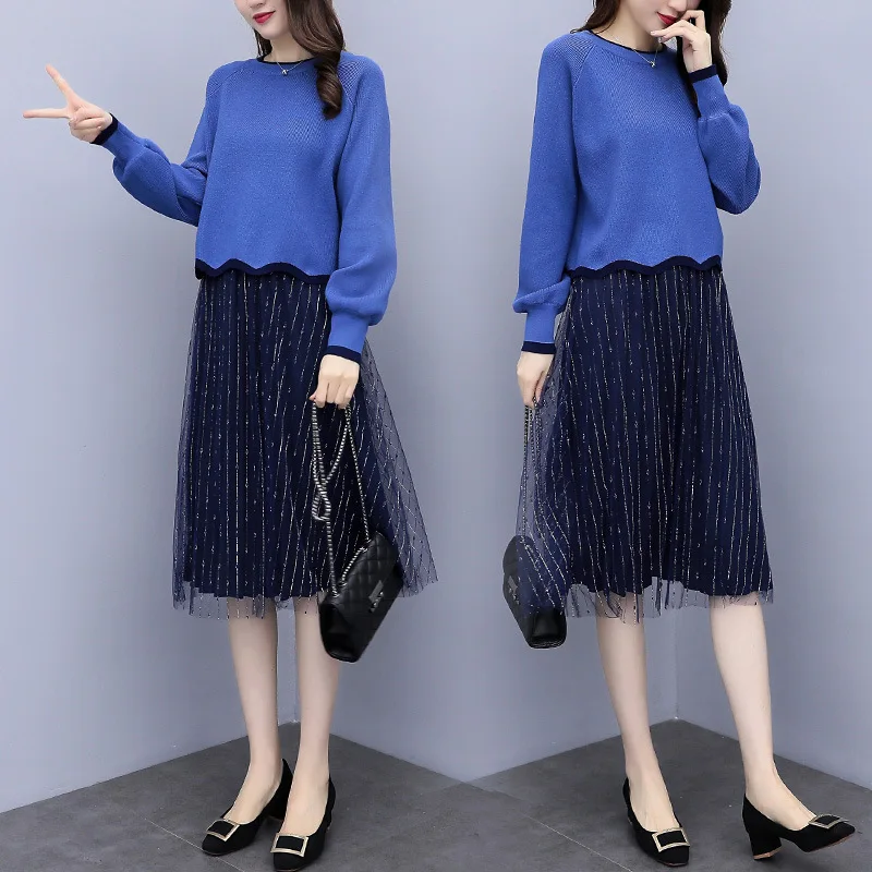 

2019 Autumn New Style Large Size Dress Large GIRL'S Fashion Knitted Sweater + Gauze Skirt Two-Piece Set Women's