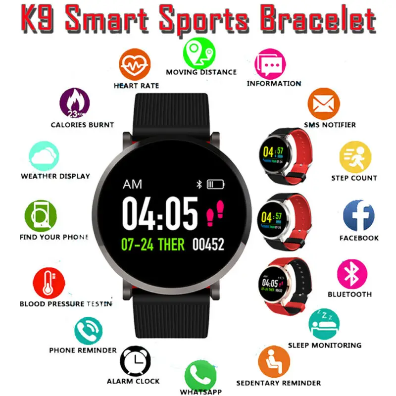 

K9 Smart Band Watch Bracelet Wristband Fitness Tracker Blood Pressure HeartRate