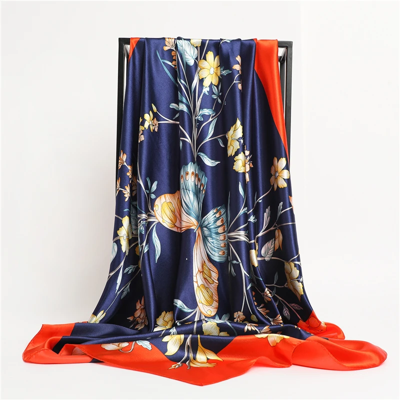 Butterfly Lines Silk Square Scarf Women Satin Shawl Wrap Hijab