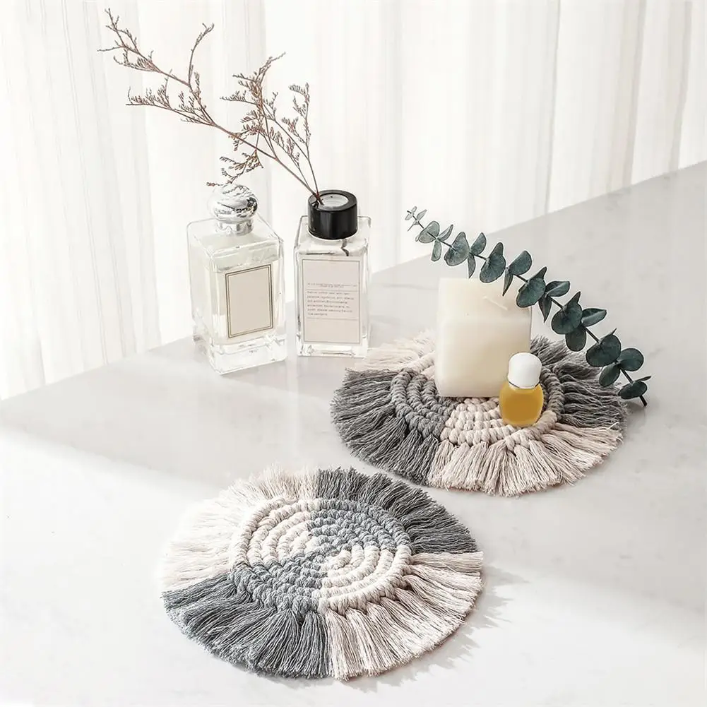 Tassel Braided Table Mat Cup Coasters Hand-woven Tapestry Macrame Wall Hanging Boho For Home Office Bar Decoration | Дом и сад