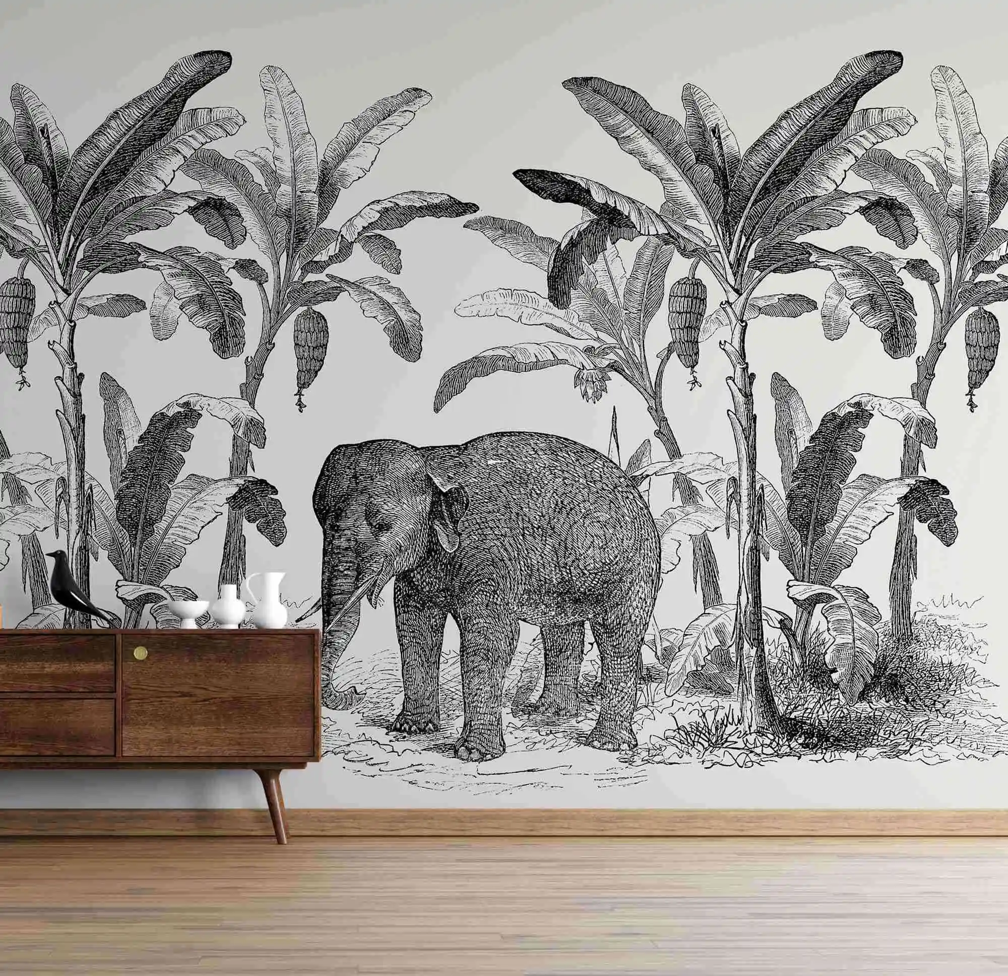 Обои Loxodonta Vintage Explorer с изображением слона ходьбы в тропическом банане лесной
