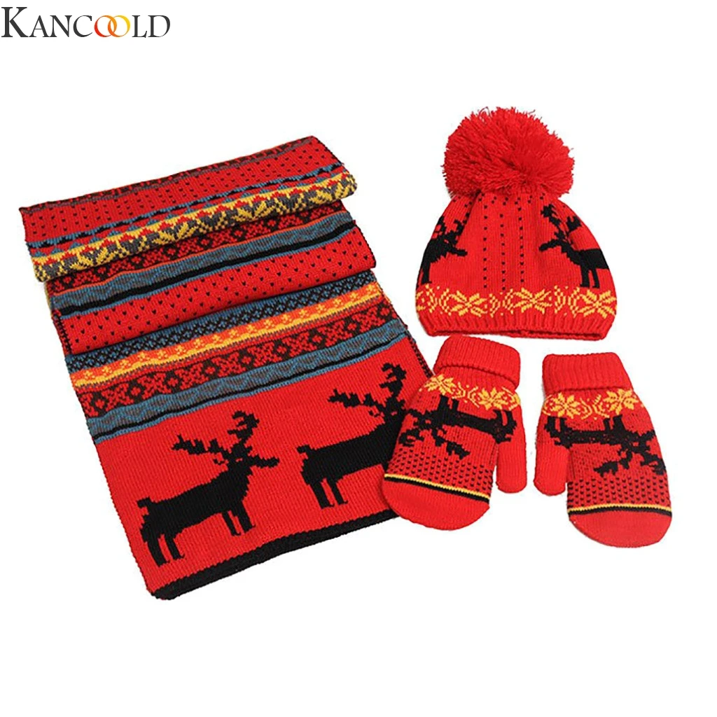 KANCOOLD, женские вязаные шерстяные зимние шапки для девочек, шапка и шарф, перчатки, три штуки, шапка, толстая, теплая, с помпоном, шапка, шарф, перчатки, набор