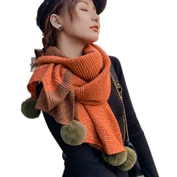 

Korean Patchwork Pompom Orange Ladies Winter Scarves Female Knitted Scarf Orange Foulard Femme