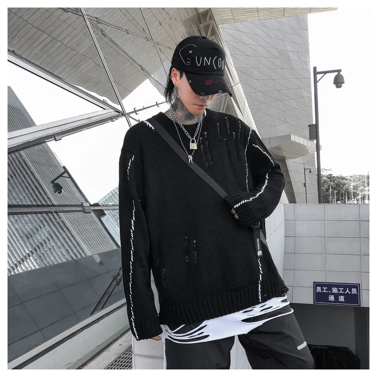 personality dark style hollow sweater men casual irregular split hole mens sweaters harajuku pullover men hip hop loose jumper
