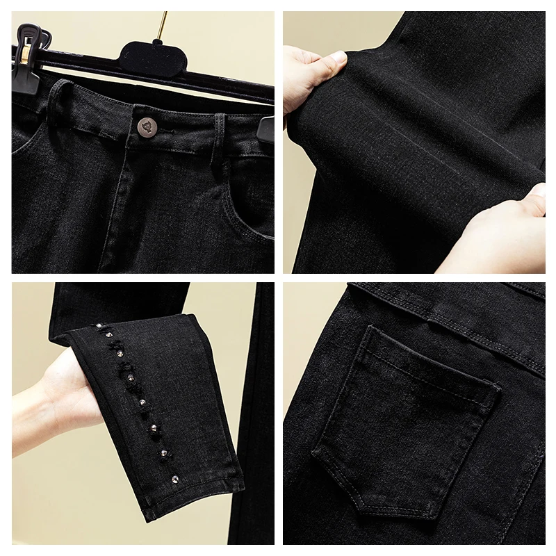 Plus Size Black Jeans Woman New High-waistband Elastic Pencil Pants Rivet Denim Trousers Lady Casual Soft Tights Trousers Femme