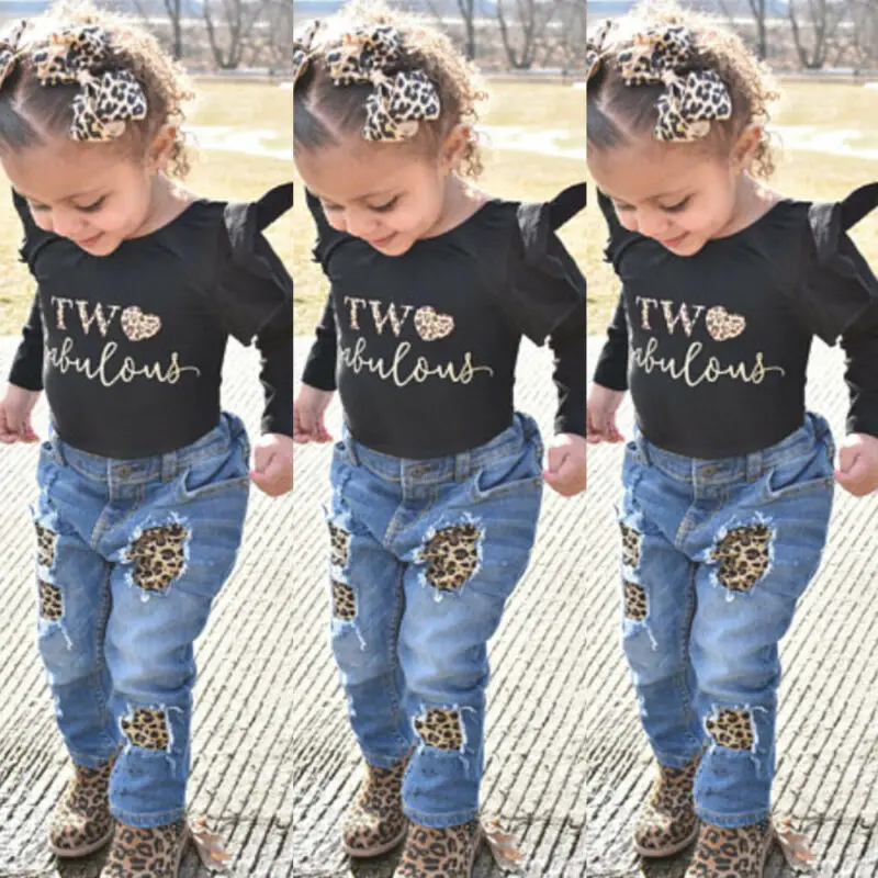 

New Leopard 3Pcs Toddler Clothes Set Kids Baby Girl Ruffle Tops Romper Denim Pants Hole Jeans Outfits Clothes