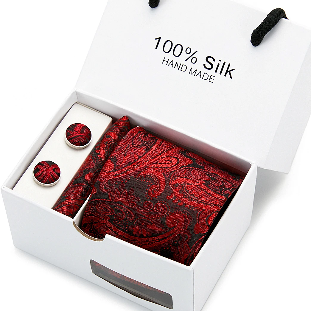 

New Male Luxury Neck Tie For Men Business Red Print 100% Silk Tie Set With White Box