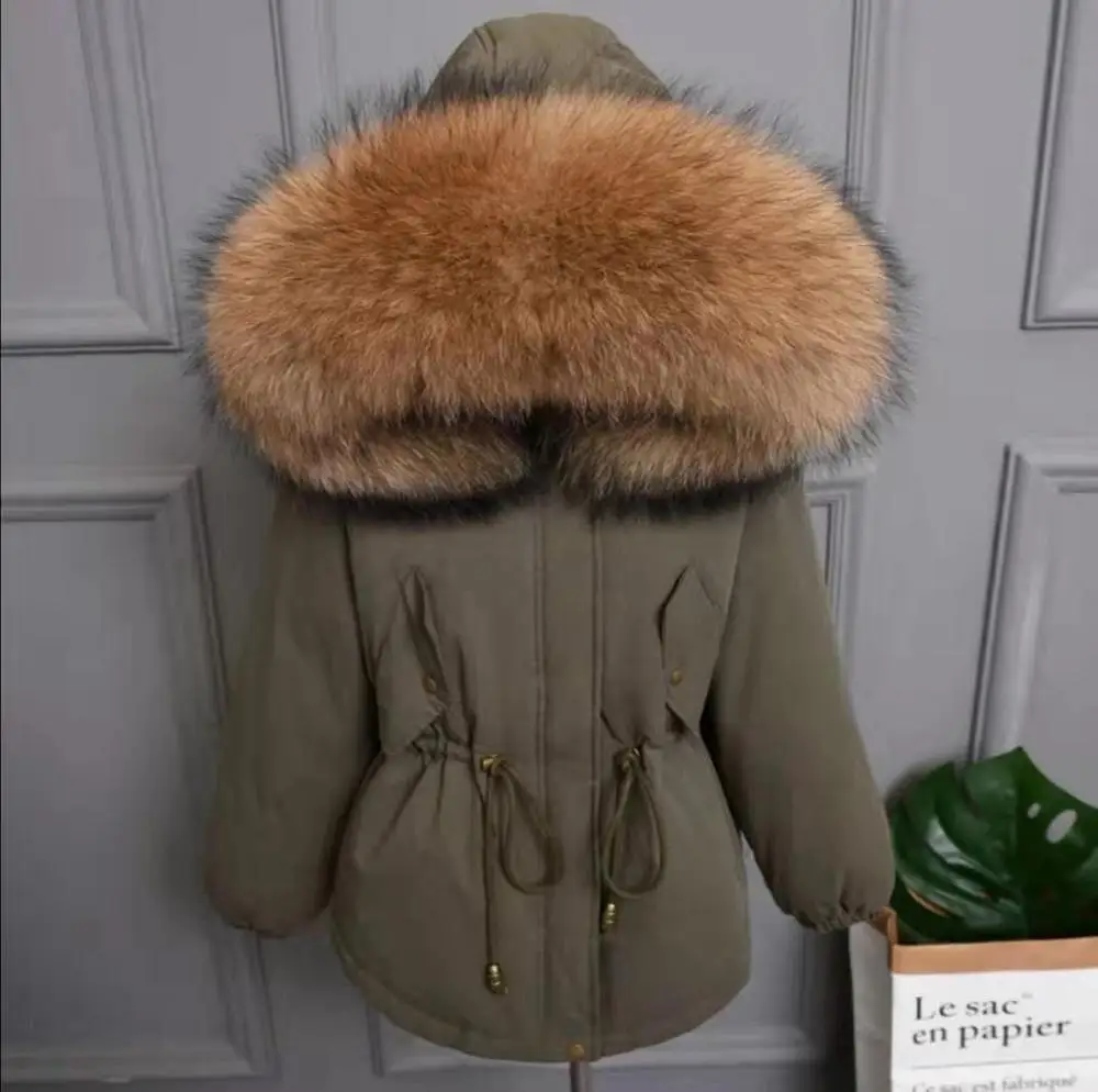 Winter Women Khaki Down Coat Raccoon Fur Collar Christmas Jacket Hooded Outerwear Christmas Gift - Цвет: Коричневый
