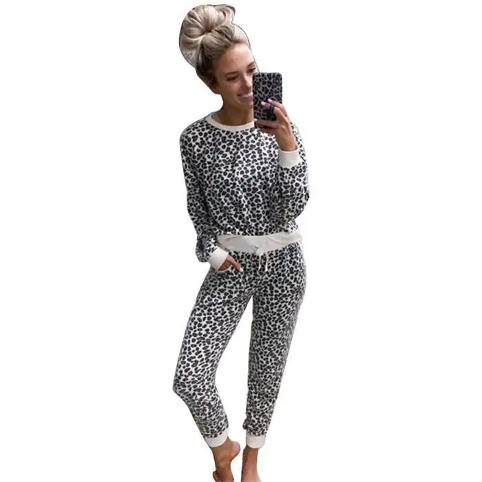 Женский пижамный комплект с леопардовым принтом, с длинным рукавом, с круглым вырезом, топы без штанов, осенняя, зимняя домашняя одежда для сна