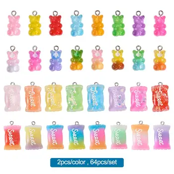 

64pcs Colorful Gummy Resin Bear Sugar Pendants Charms with Word Sweet Shape for Keychains DIY Necklace Earrings Jewelry Supplies