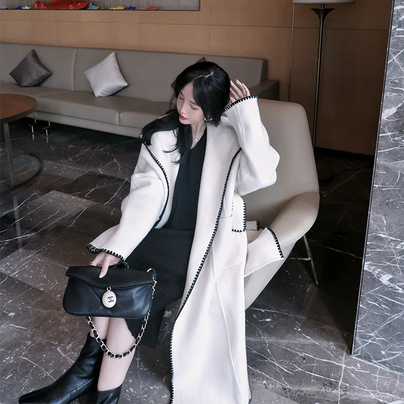 

"Afeiona" 20-Autumn and Winter Shell Line Design White Double-Sided Wool Hooded Overcoat Waistband Coat