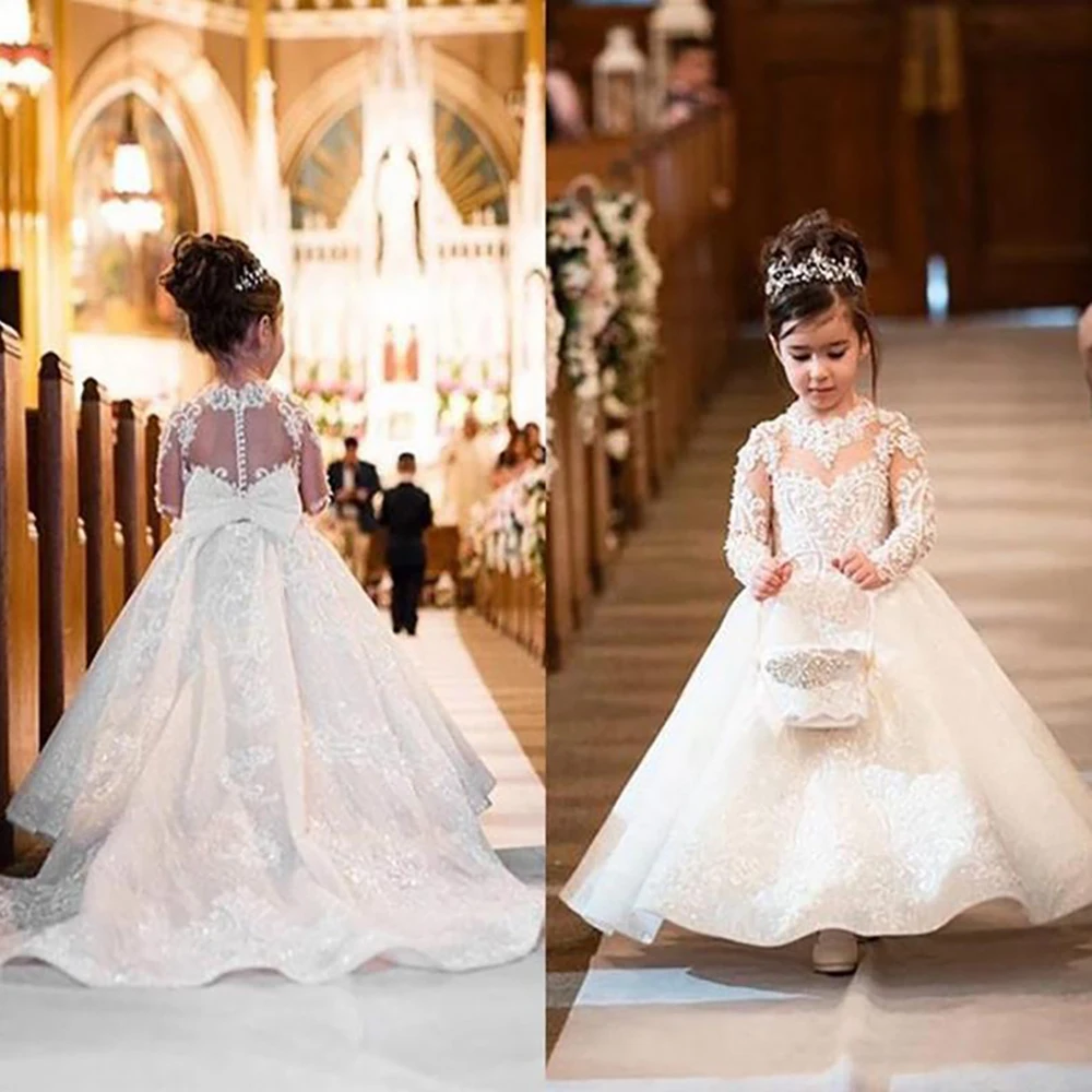 Lovely Flower Girls Dresses For Weddings Princess Jewel Long Sleeves Lace Appliques Big Bow