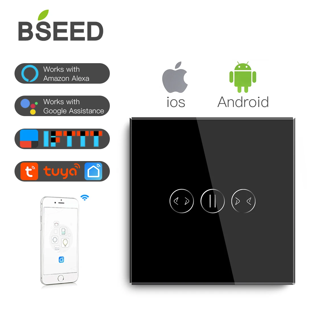 BSEED Wifi Smart Curtains Switch Wireless Wifi Switch White Black Golden Colors Support For Tuya Smart Life