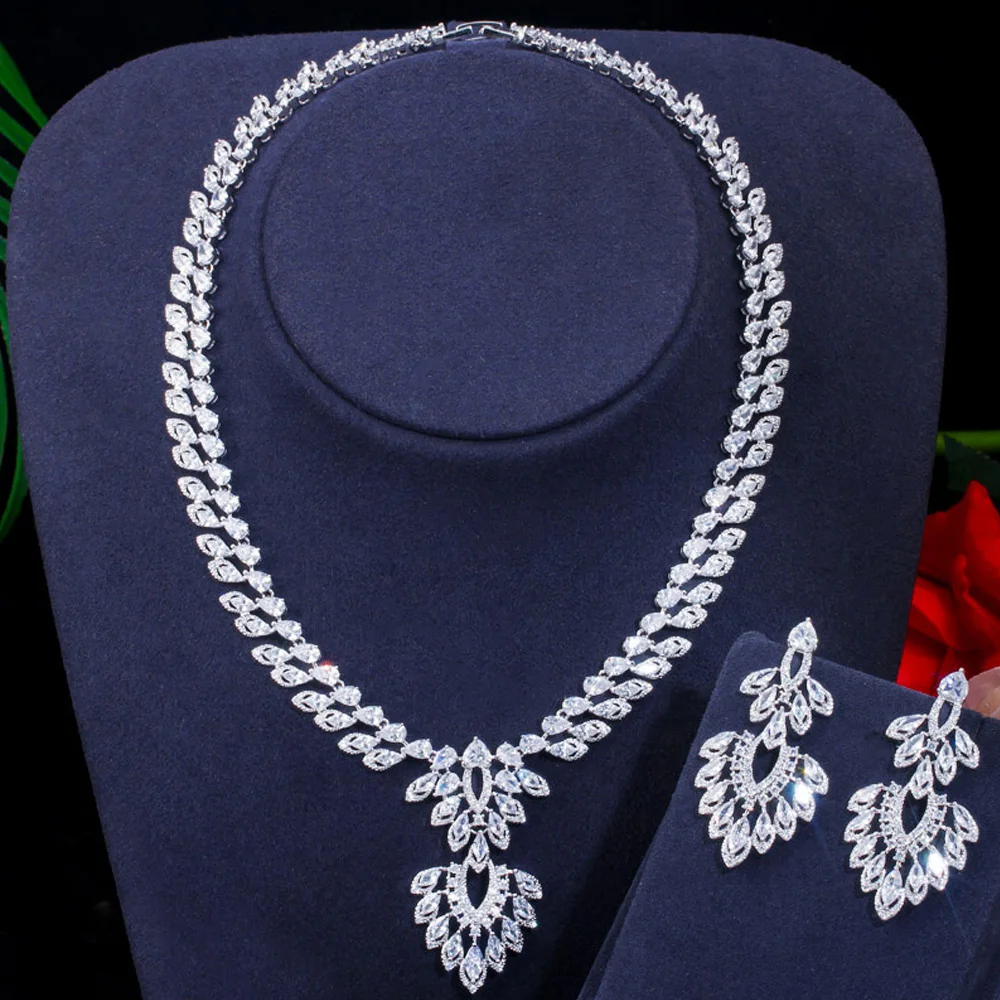 ThreeGraces Великолепный Белый CZ Marquise Cut большая висячая люстра Висячие серьги и ожерелье свадебный комплект ювелирных изделий для невесты JS635
