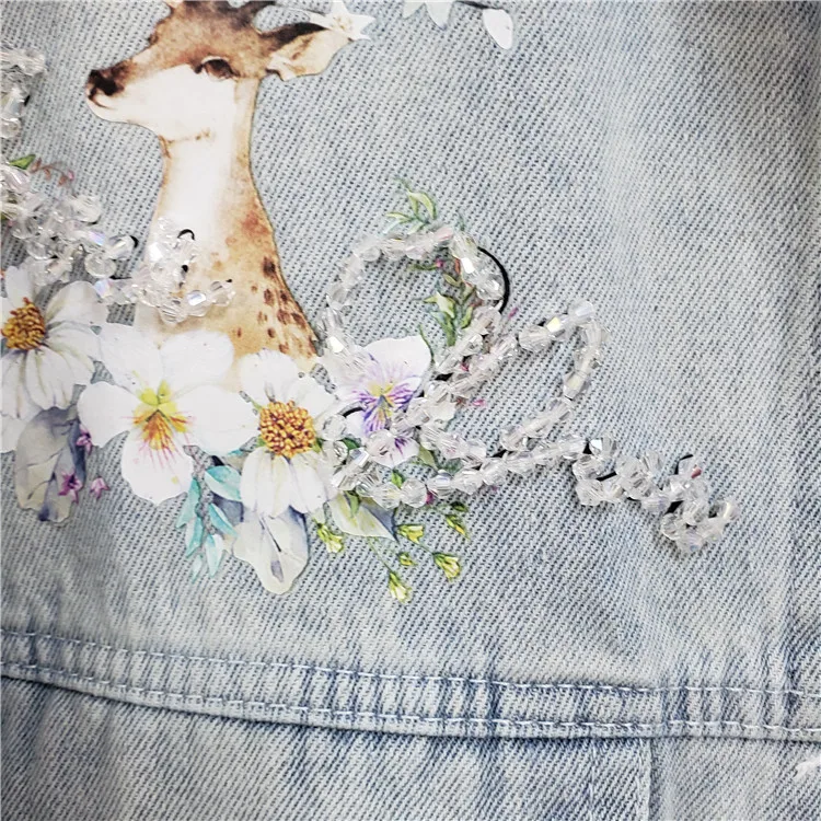 Уличная одежда осенняя джинсовая куртка для женщин вышитая печатная джинсовая куртка Женская свободная тонкая Джокер отверстие бисера старый джинсовая куртка пальто