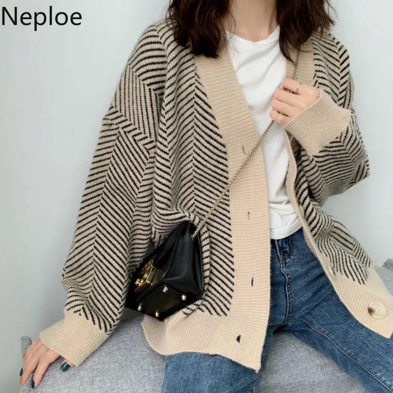 Neploe Ins, свободные безумные стильные Полосатые кардиганы, свитер с v-образным вырезом, с одной грудью, из кусков, Женское пальто, осень-весна, вязанное 47591