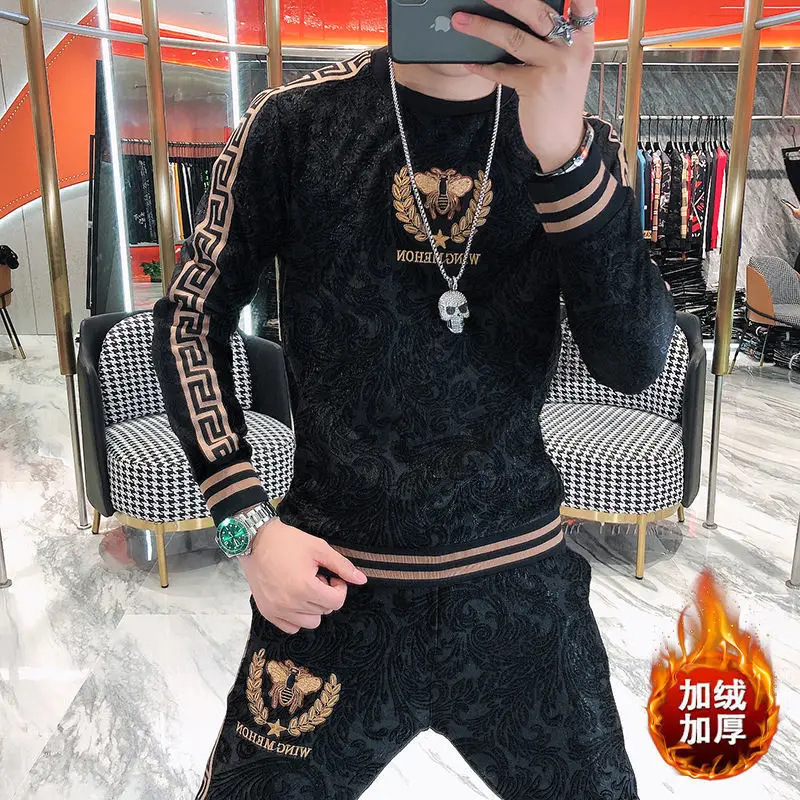 

High end sportswear men's autumn and winter trend embroidery dark grain Plush sweater casual two piece fashion brand men's wear