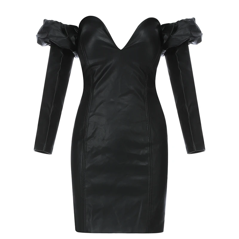 Женское платье из искусственной кожи INDRESSME черное с открытыми плечами длинными