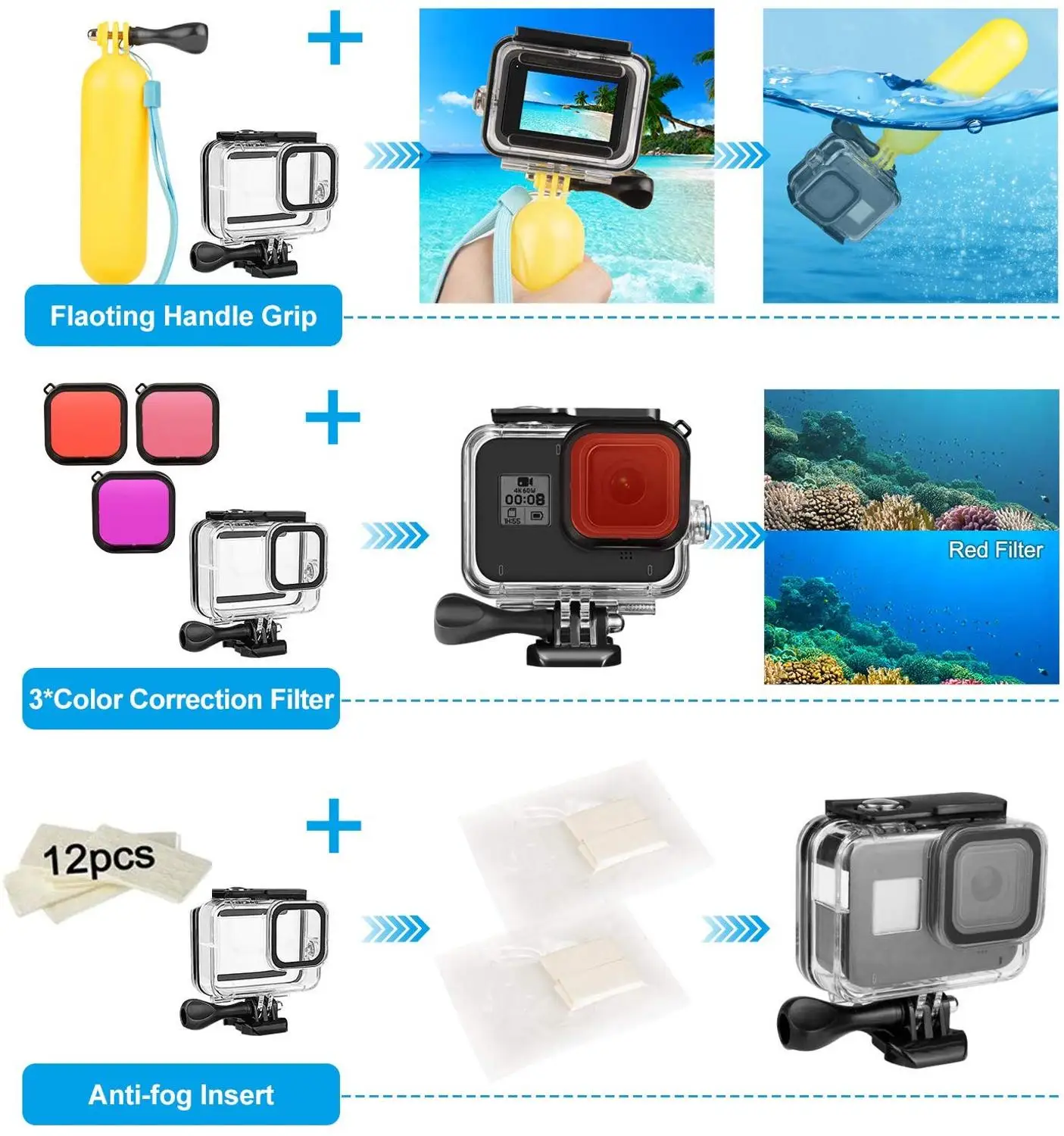 Комплект аксессуаров для GoPro Hero 8 черный, водонепроницаемый корпус/Чехол/Фильтры/нагрудный ремень на голову/крепление на присоске/крепление для велосипеда