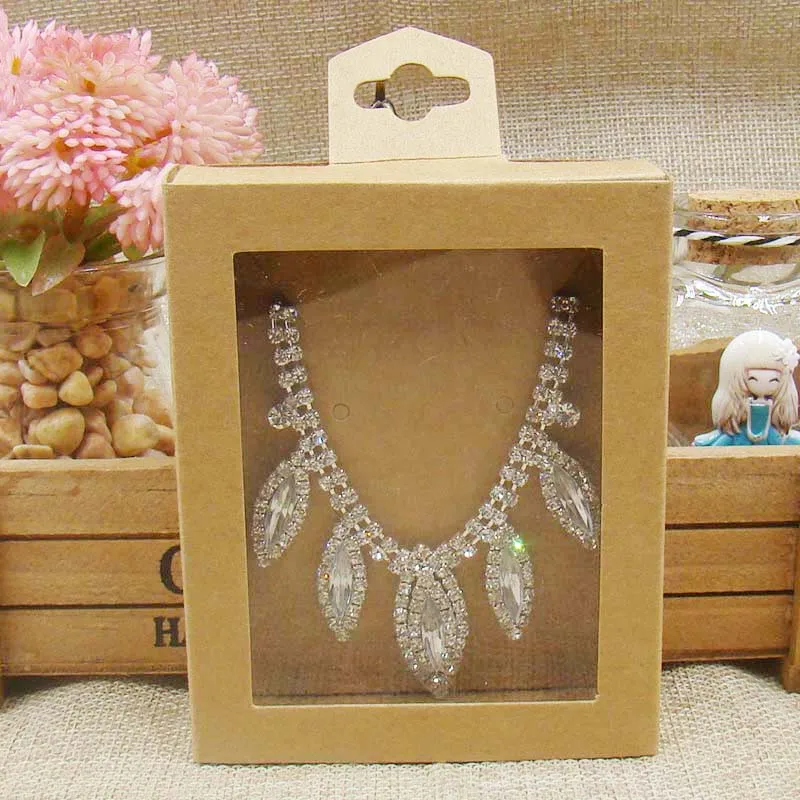 

kraft paper hanger gift box with transparent pvc window 9color stock earring /necklace jewelry box custom logo box cost extra