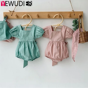 

New Baby Girls Rompers Cute Bowknot Playsuits Newborn Ruffle Short Sleeve Overalls With One Hat Toddler Solid Outfits For Summer