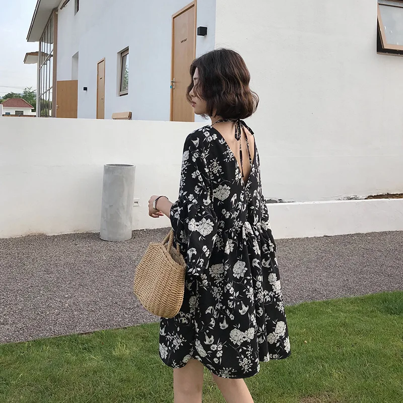 

2019 Summer Floral-Print Short-sleeve Dress Women's Summer Elegant Slimming Flounced Sleeves Waist Hugging A- line Skirt Sub-