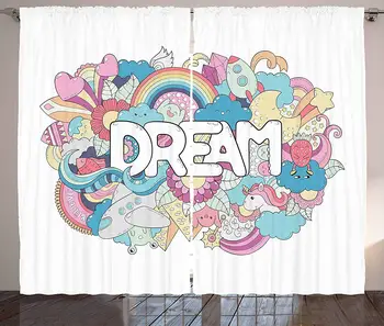

Unicorn Party Curtains Colorful Cartoon Style Childish Elements Dream Lettering Doodle Living Room Bedroom Window Home Decor