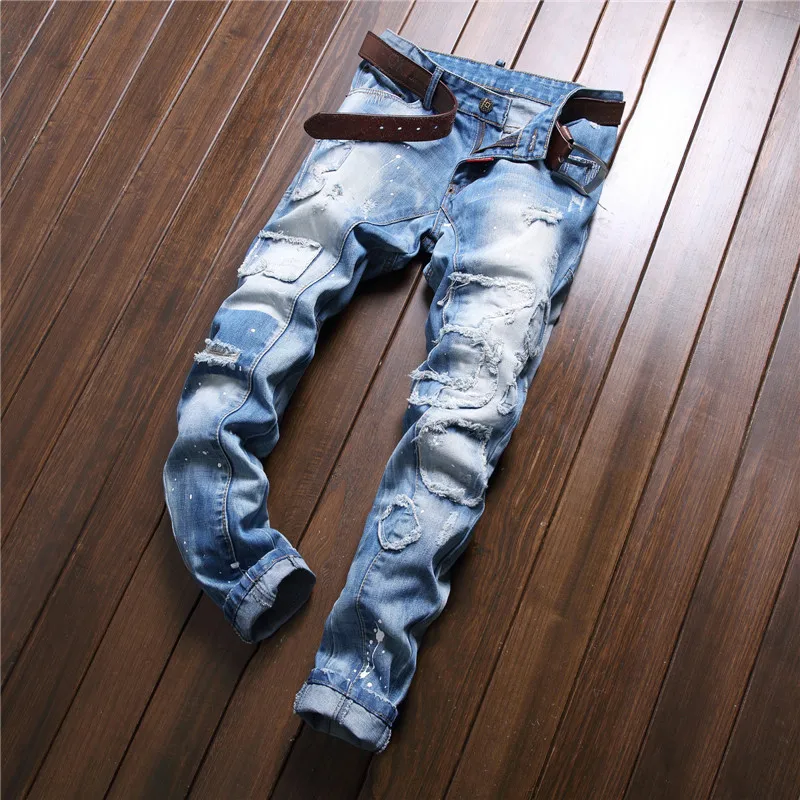 

Spring New Style Western Style Tattered Paint Splattered Joint Men Slim Fit Jeans pencil pants Ripped Jeans Trend Men's Trousers