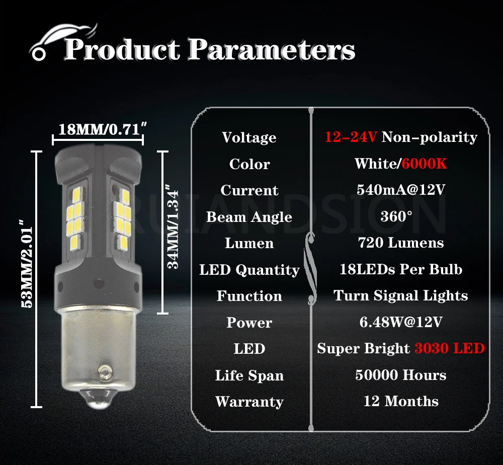 0.54A High Power 3030 18smd led S25 1156 BA15S P21w car turn signal Lights Source parking lamp auto Tail Bulb 12-24V No-polarity
