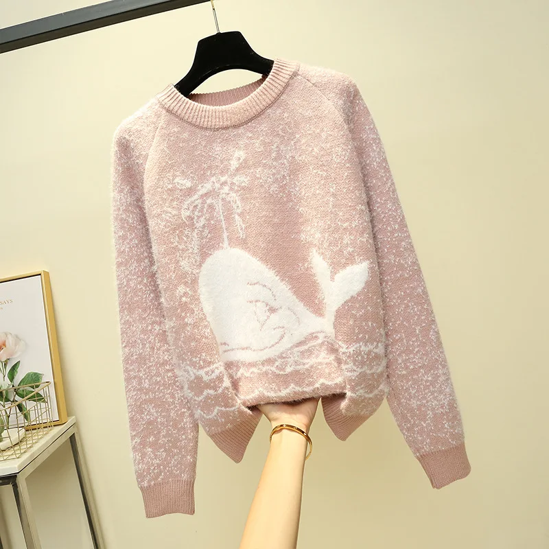 Long plush whale sweater women's autumn/winter 2019 imitation mink velvet knit sweater loose sleeve head lazy wind top wearing Long plush whale sweater women's autumn/winter 2019 imitation mink velvet knit sweater loose sleeve head lazy wind top wearing