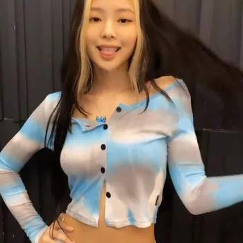 

NCLAGEN Tie Dye Fashion Long Sleeve Buttons Up Women Cardigans Style T Shirt Fitness Streetwear Harajuku Tshirt Painting Cloth