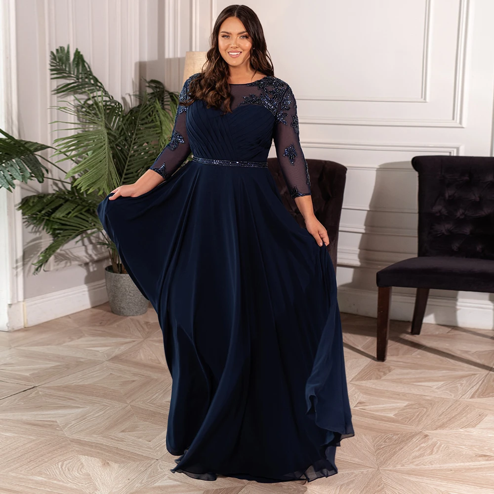 Navy Blue Chiffon Wedding Dress For Bride With Beading Sequin Elegant