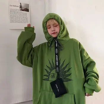 

Autumn and winter Korean Harajuku style cartoon print loose plus velvet hooded sweatshirt women