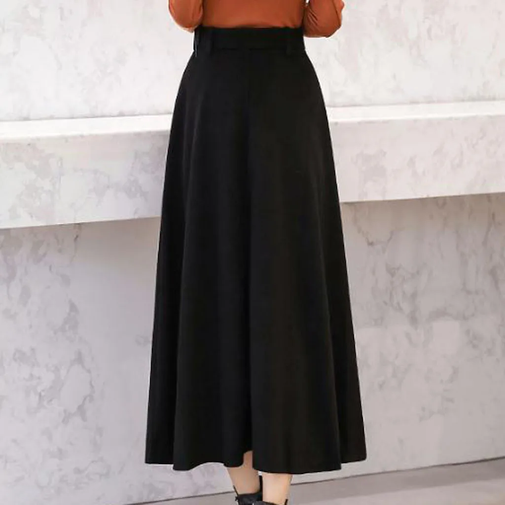 Модные женские зимние шерстяные юбки с ремнем, одноцветные винтажные шерстяные юбки, Женская Уличная Повседневная Длинная юбка, 4 цвета
