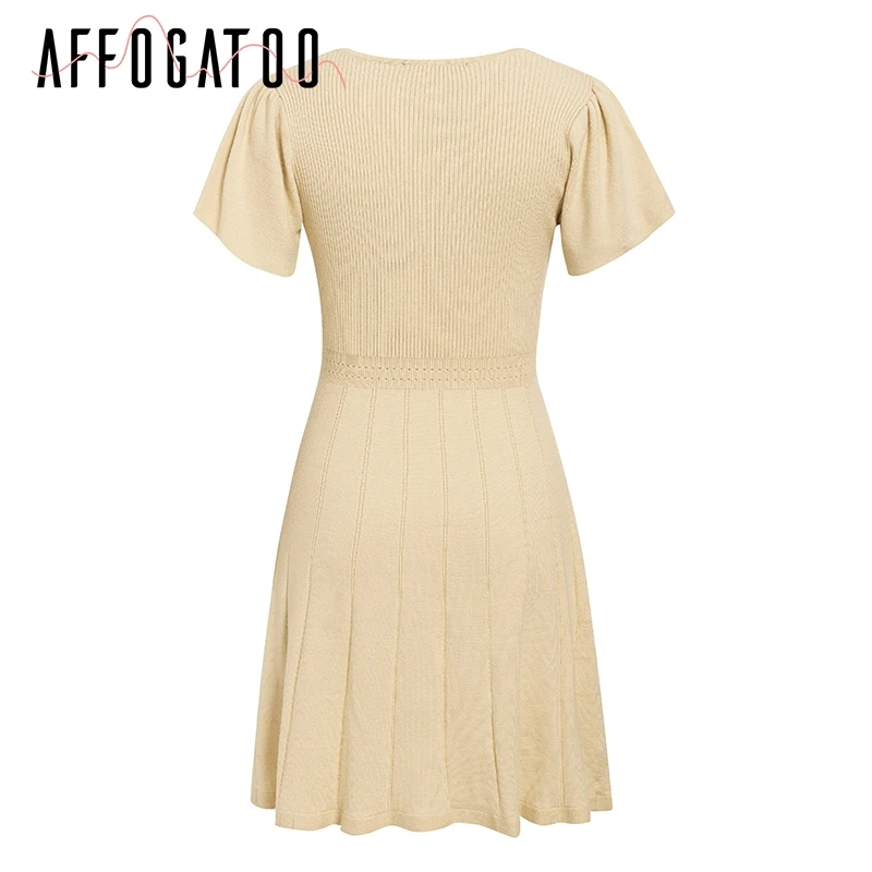 Affogatoo Sexy v-neck knitted dress women Elegant ruffle office ladies short dress Casual a-line autumn short party dress female