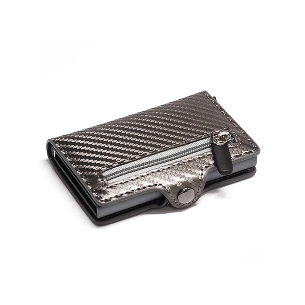 Bycobecy RFID Top Quality Carbon Fiber Credit Card Holder Business Men Button Wallet New Male Coin Purse ID Holder with Zipper - Цвет: Blue CZ06