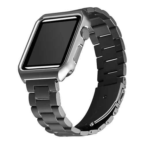 black Чехол+ ремешок для Apple watch band 4 44 мм 40 мм iWatch 3 band 42 мм/38 мм металлический браслет из нержавеющей стали ремешок для часов+ чехол для часов - Цвет ремешка: black