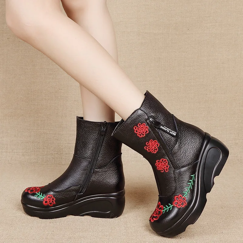 RUSHIMAN New Hand Embroidered National Style women's shoes in leather, thick bottom slope loose pastry bottom cotton shoes 35-40