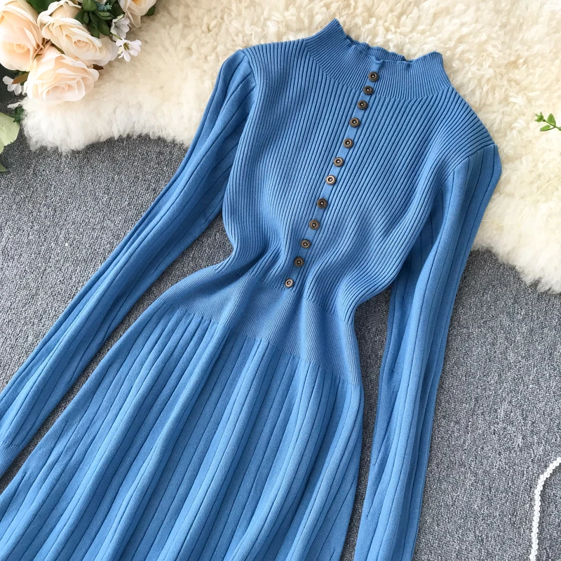 ALPHALMODA французский стиль винтажное женское однобортное ТРАПЕЦИЕВИДНОЕ вязаное платье с длинными рукавами тонкое расклешенное Женское зимнее ретро платье