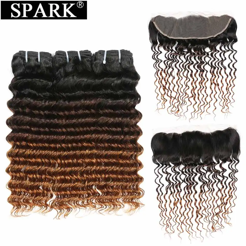 Spark Remy Brazilian Deep Wave Ombre Human Hair Bundles With Frontal Hair Ear To Ear Lace Frontal With Bundles For Black Women L