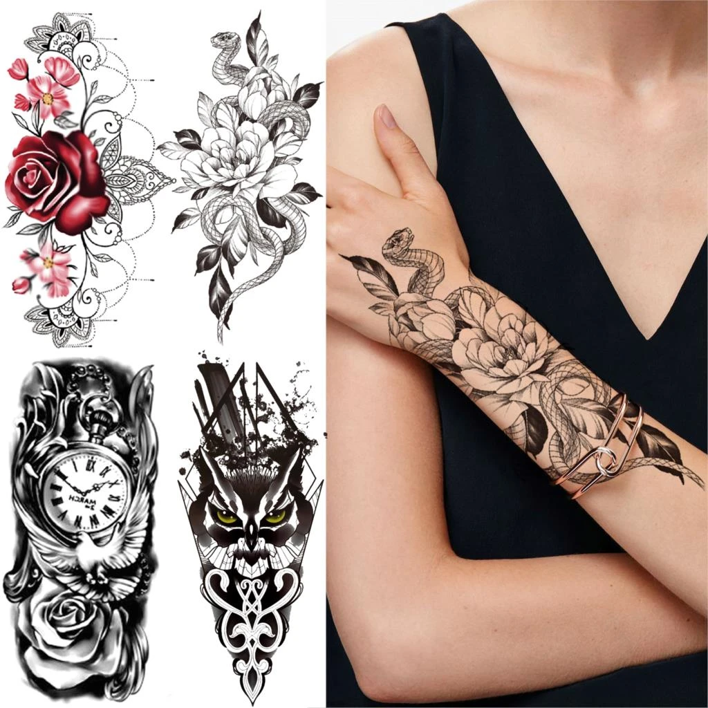 Black Mamba Snake Flower Temporary Tattoos For Women Men Compass Rose Fake Tattoo Sticker Forearm Half Sleeve Thigh Tatoos Temporary Tattoos Aliexpress