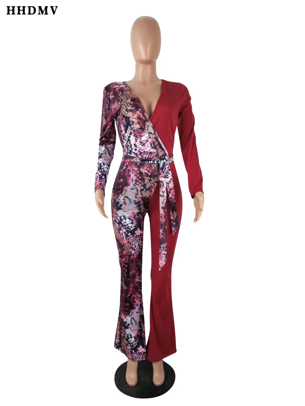 HHDMV LBXZ6182 tribal peoples style jumpsuits long sleeve deep v sashes sneke grain 2 color tight jumpsuits long pants